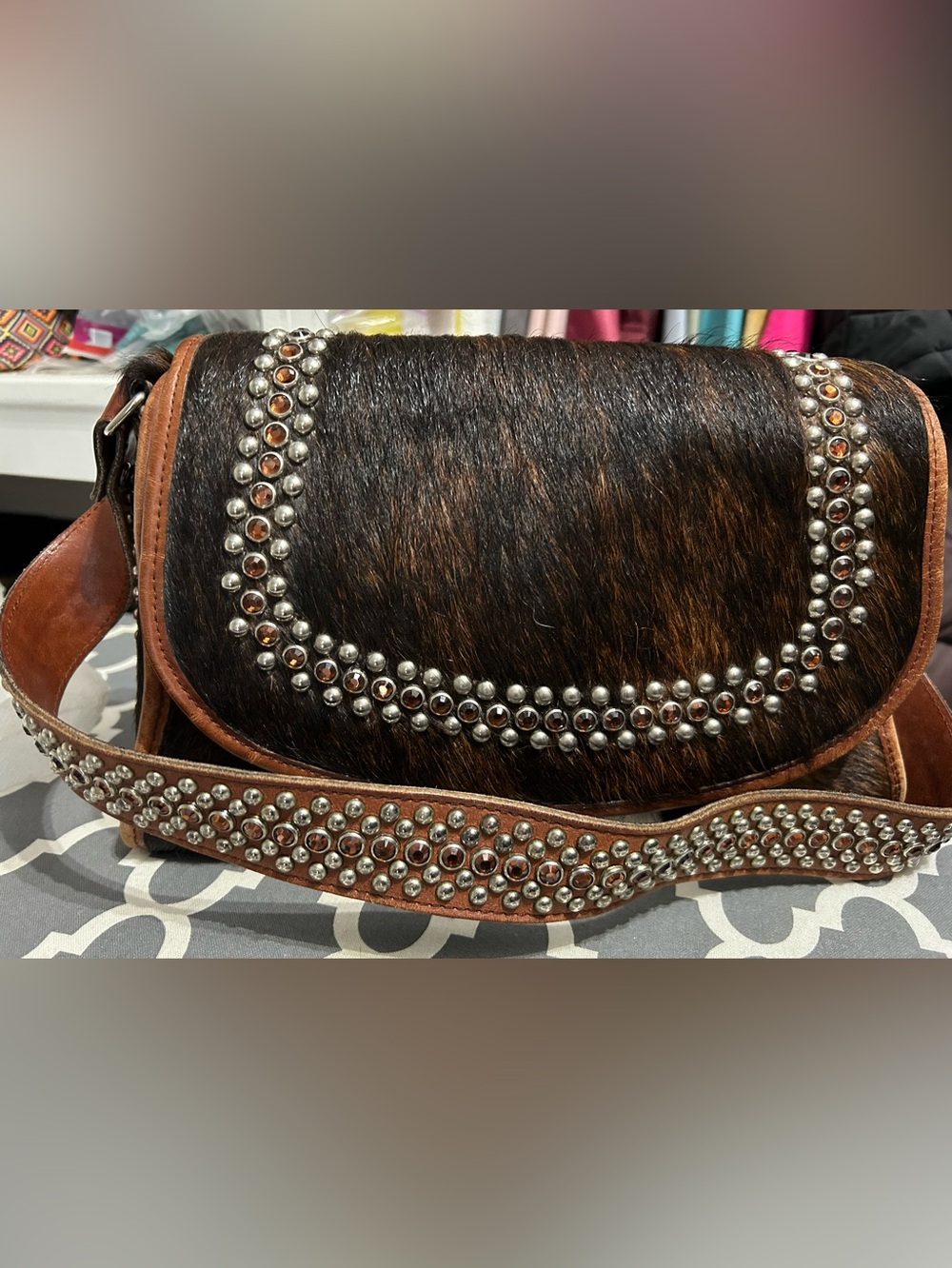 Raviani Brown and Black Studded Hair-on-Leather Shoulder Bag